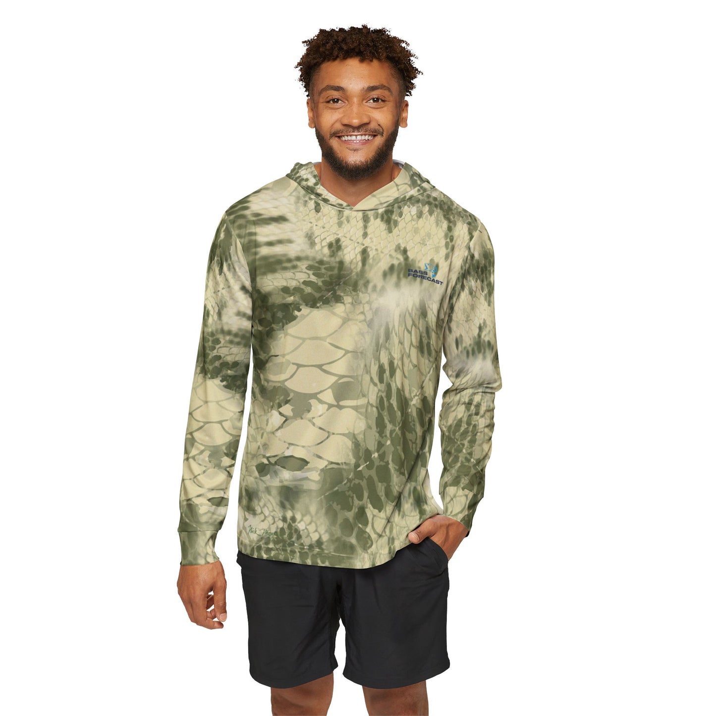 A man wearing a green fishing hoodie - front