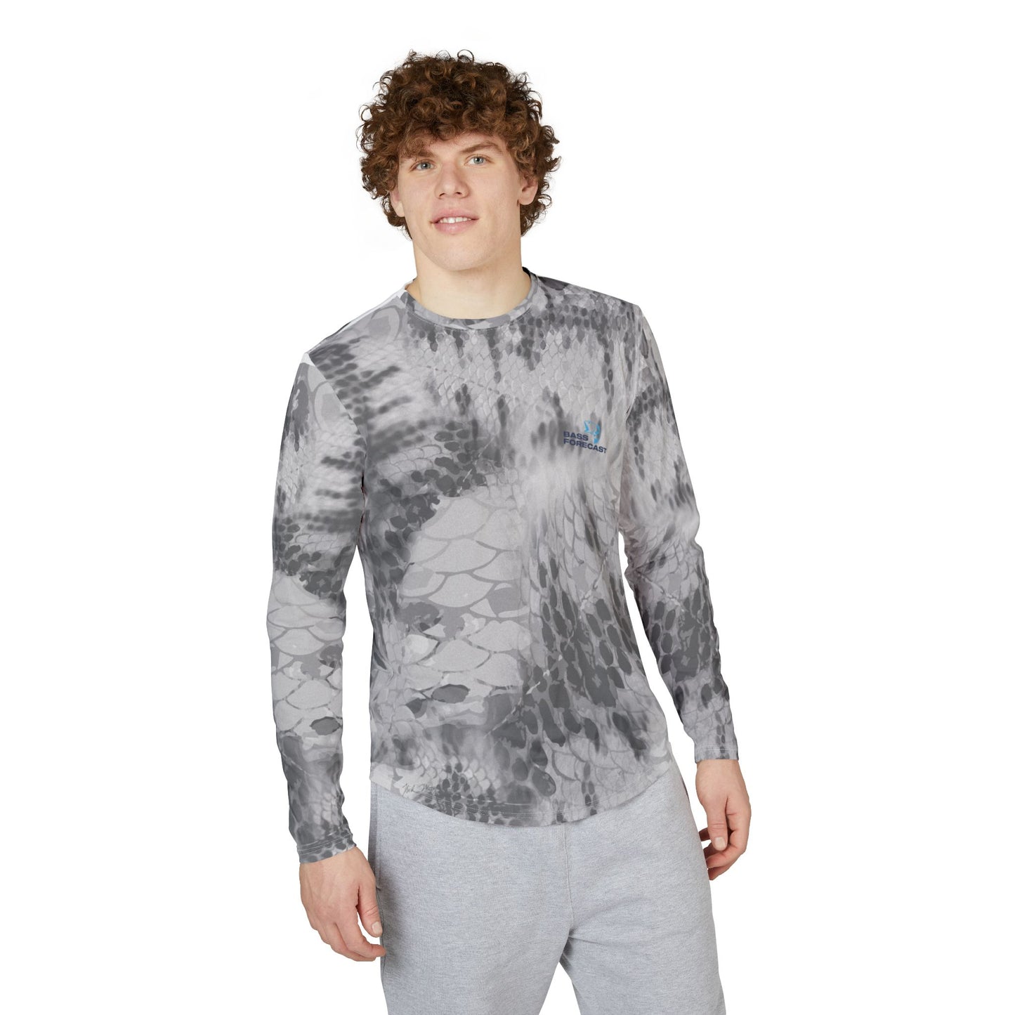 A man wearing a gray long sleeve fishing shirt - front
