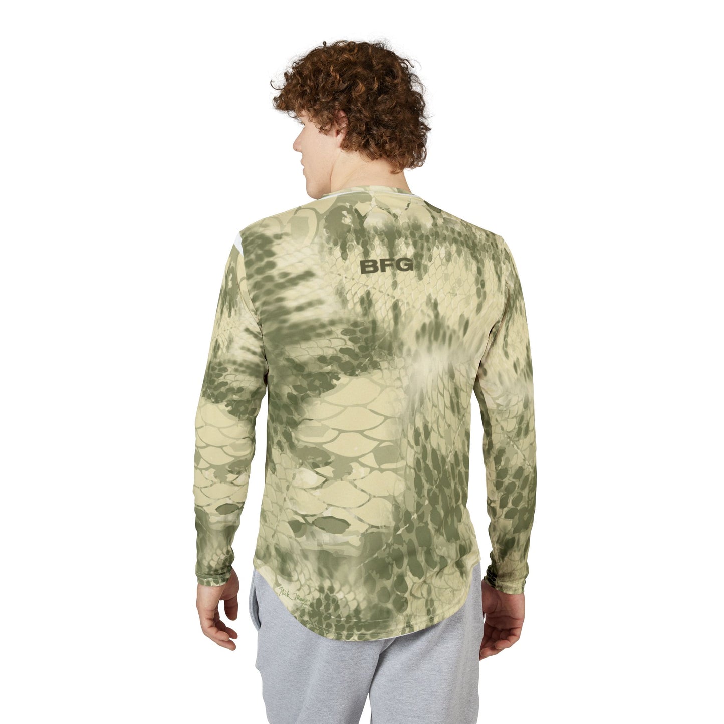 A man wearing a green long sleeve fishing shirt - back