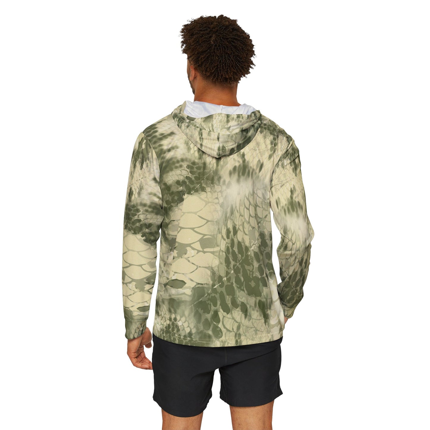 A man wearing a green fishing hoodie - back